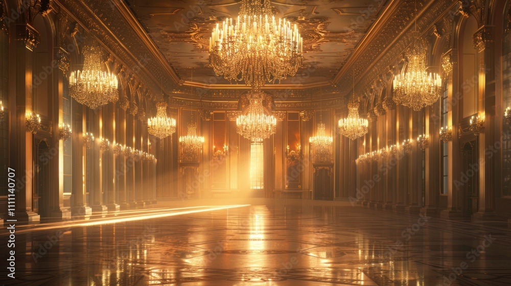Grand ballroom interior with chandeliers and sunlit floor. Grand ballroom interior with chandeliers and sunlit floor.