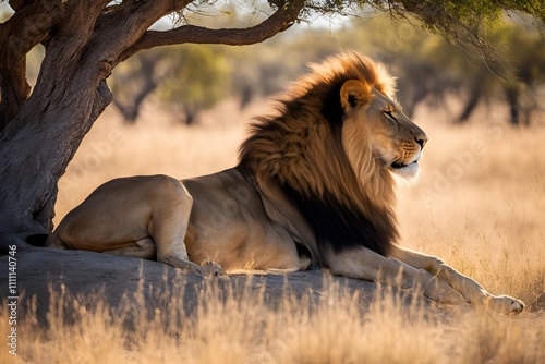 A lion lounges proudly beneath the shade of a tree, its mane rippling in the wind as the vast savannah stretches out before it. photo