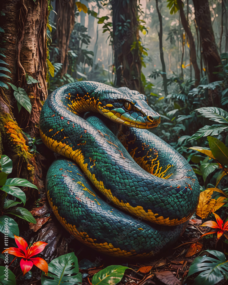 A large anaconda snake coiled in a lush rainforest. A large anaconda snake coiled in a lush rainforest.