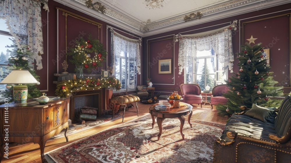 A cozy living room decorated for Christmas A cozy living room decorated for Christmas