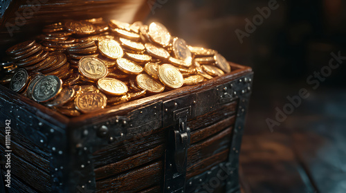 treasure chest overflowing with shiny gold coins, reflecting light beautifully. intricate details of chest enhance its allure, evoking sense of adventure and discovery photo