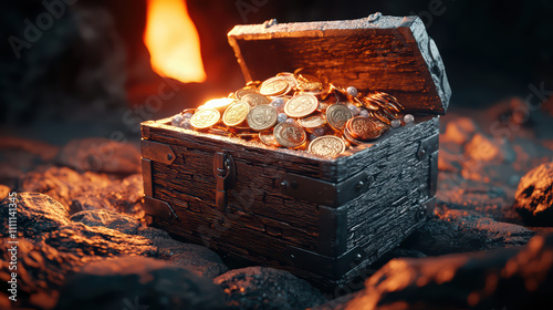 treasure chest filled with gleaming coins resting in darkness, illuminated by warm glow. scene evokes sense of adventure and mystery photo