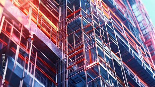 A close-up view of scaffolding on a building under construction, showcasing structural elements.