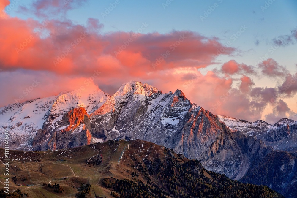 Panoramic view of snow-capped mountains in the Dolomites in Italy. Panoramic view of snow-capped mountains in the Dolomites in Italy.