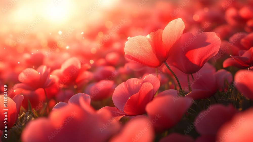 Obraz premium Red Flowers Illuminated by Soft Sunlight in a Field