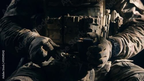 Closeup of a soldiers hands and tactical gear. A soldier prepares for his mission. Loads a rifle magazine.