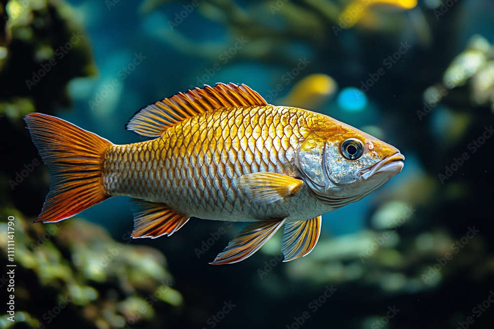 Golden fish swimming in an aquarium environment Golden fish swimming in an aquarium environment