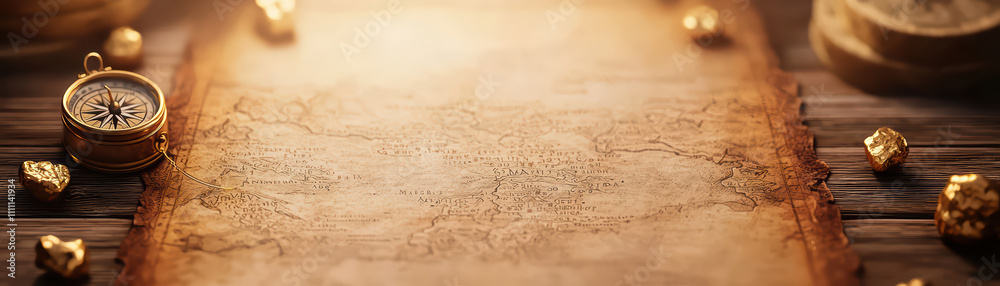 Antique map with compass and gold coins on wooden table, evoking adventure and exploration Antique map with compass and gold coins on wooden table, evoking adventure and exploration
