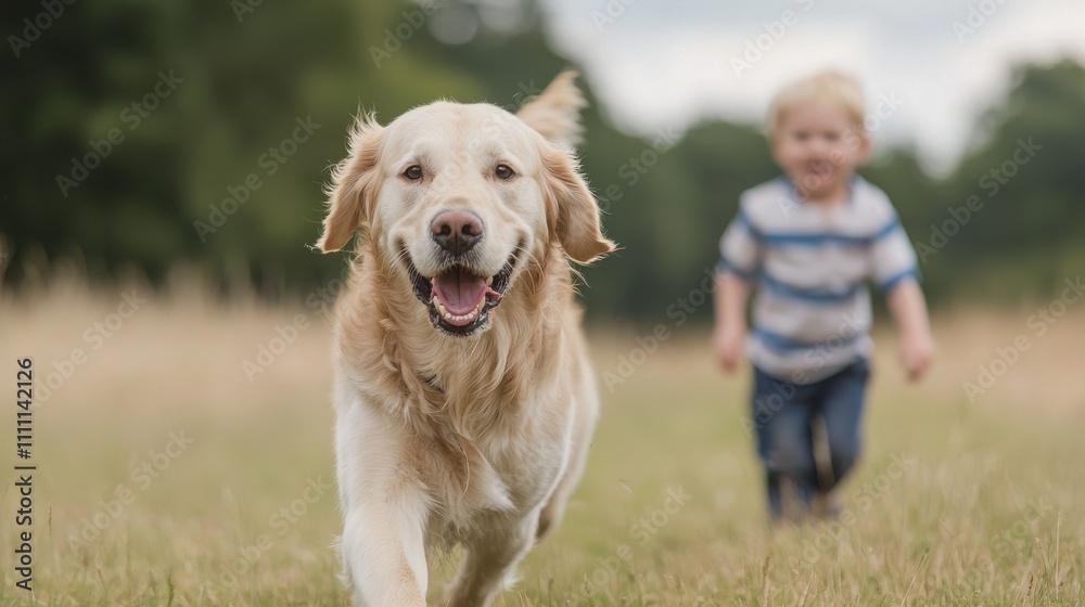 Playful dog and child running together in open field joyful interaction outdoor nature candid moment Playful dog and child running together in open field joyful interaction outdoor nature candid moment
