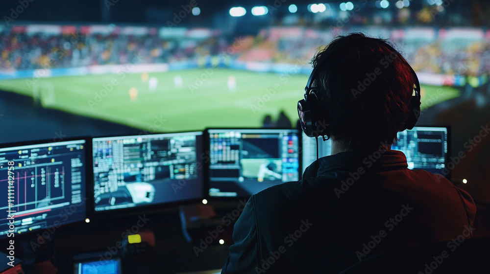 Sports Broadcast Technician Monitoring Game on Multiple Screens