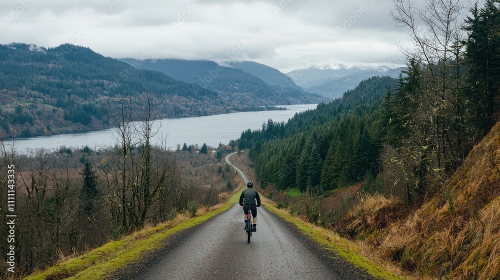 Fototapeta premium Biking adventure through scenic hills columbia river gorge outdoor activity natural landscape wide angle view exploration and fitness