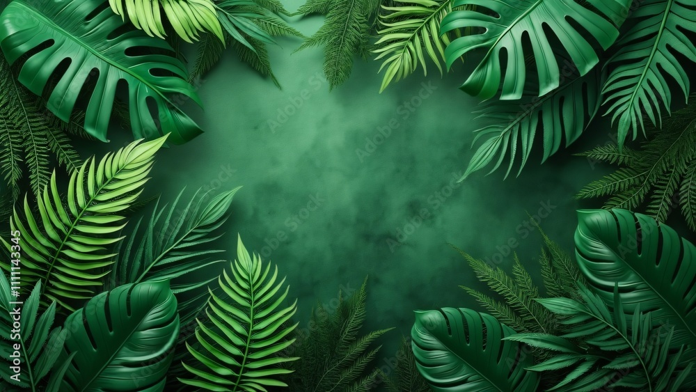Lush Green Tropical Leaves Frame on Dark Background Lush Green Tropical Leaves Frame on Dark Background