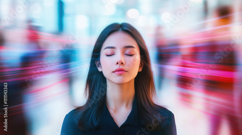 A serene young woman with her eyes closed stands among a busy  blurred crowd  symbolizing attention to her mental health  inner peace and concentration in a busy urban environment. Motion blur