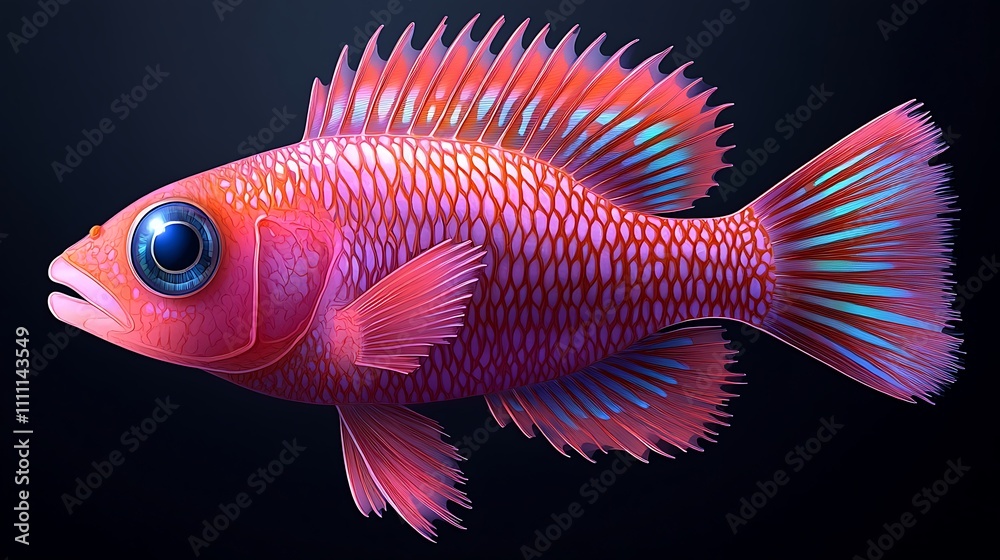 Fototapeta premium Vibrant red fish with intricate scales and fins, isolated on black background.