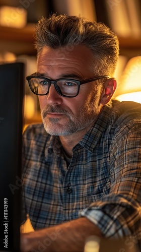 Focused man working late at night in a home office, illuminated by warm light from desk lamps