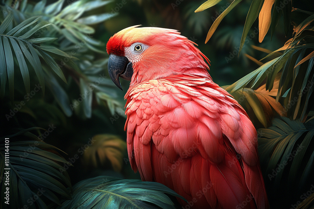 Fototapeta premium Scarlet Macaw Perched Among Lush Tropical Foliage
