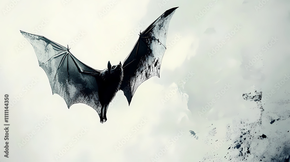 Fototapeta premium An isolated bat gracefully soars against a stark white background, its wings spread wide, capturing the essence of nocturnal freedom and the mysteries of the night. Nocturnal. Illustration