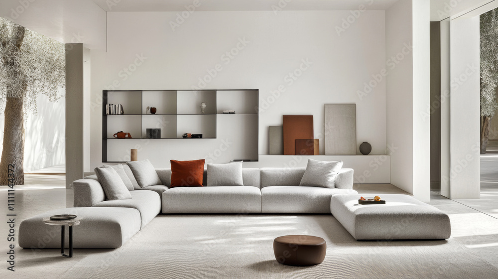Fototapeta premium Minimalist living room with soft white walls, a gray sectional, and clean, open shelves displaying a few decorative objects