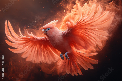 A coral parrot in flight amidst fiery smoke photo