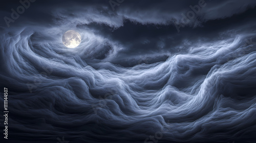 Asperitas clouds illuminated by a full moon creating an eerie nocturnal scene. Nocturnal. Illustration photo