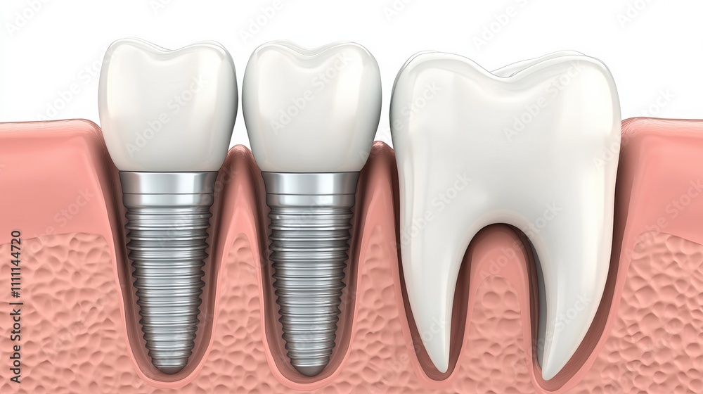 A dental implant is displayed next to a healthy tooth, highlighting their differences and showcasing a clean, clinical perspective of dental options. Generative AI A dental implant is displayed next to a healthy tooth, highlighting their differences and showcasing a clean, clinical perspective of dental options. Generative AI