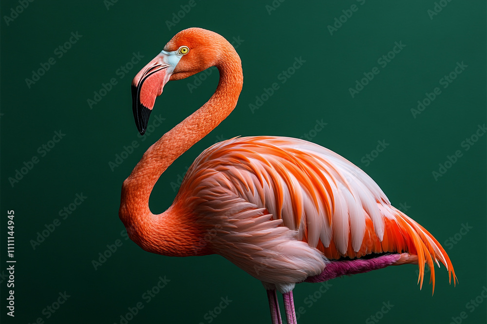 Obraz premium A vibrant flamingo stands against a dark green background