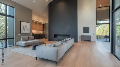 Minimalist living room with soft natural lighting  a modular gray couch  and a statement black accent wall