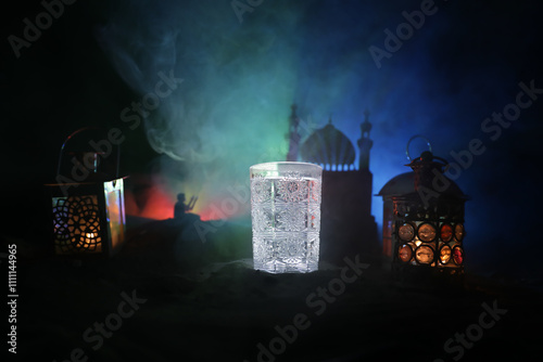 A realistic Arabian interior miniature with window and columns. Meals are served before sunrise called Suhur. Festive greeting card, invitation for Muslim holy month Ramadan Kareem. photo