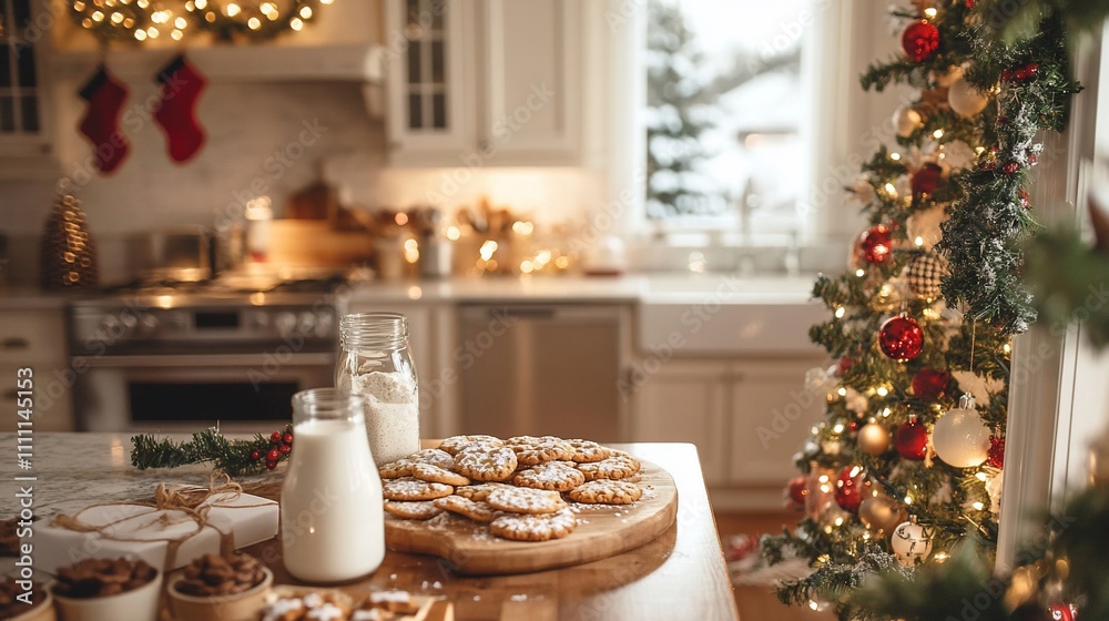 A cozy kitchen scene with Christmas cookies, milk, and a decorated tree. A cozy kitchen scene with Christmas cookies, milk, and a decorated tree.