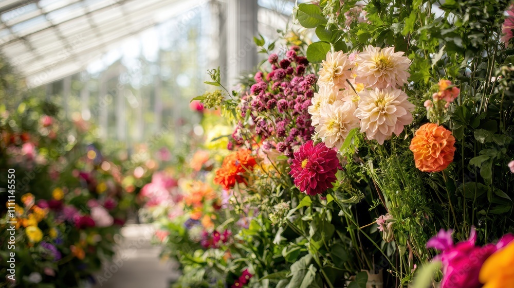 Naklejka premium Floral Arranging Workshop in a Vibrant Botanical Greenhouse for Creative Bouquet Design