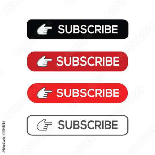 Subscribe button red color and hand cursor. Red button subscribe to channel, blog. Social media background. Marketing. Vector illustration.