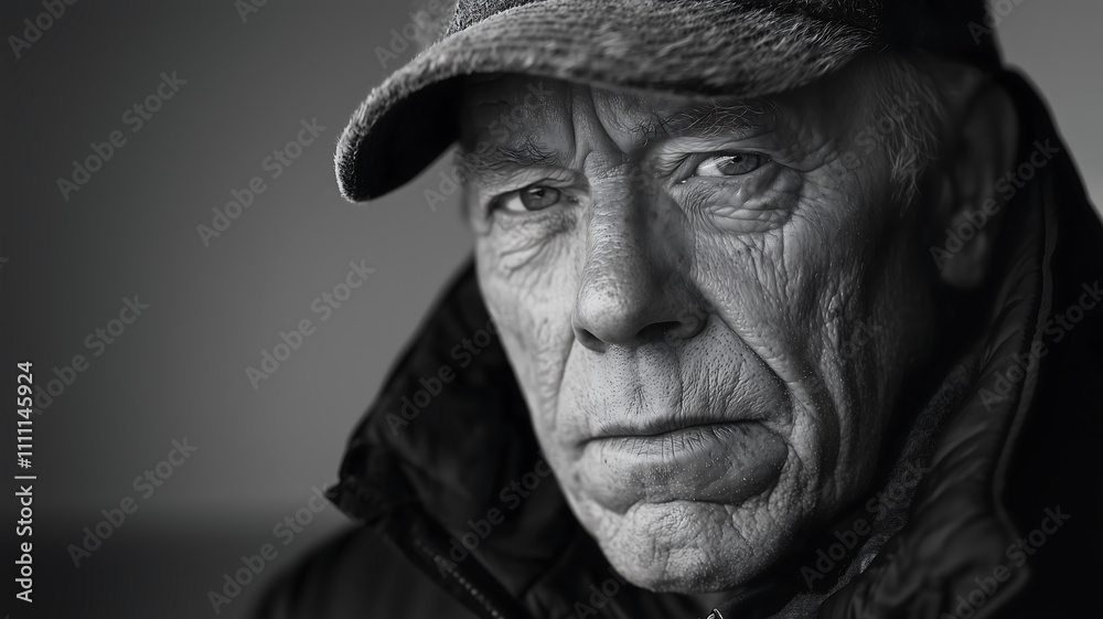 Weathered Portrait: Elderly Man in Black and White with Intense Gaze Weathered Portrait: Elderly Man in Black and White with Intense Gaze