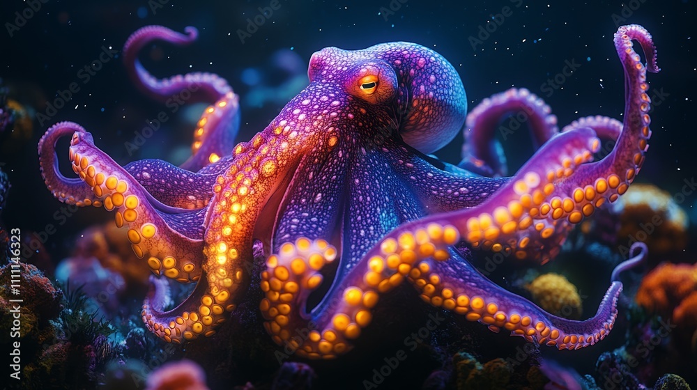 Vibrant octopus, glowing tentacles, ocean depths. Vibrant octopus, glowing tentacles, ocean depths.