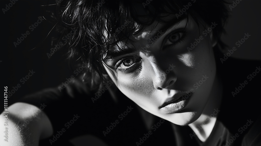 Black and White Portrait: Intense and Thoughtful Gaze Black and White Portrait: Intense and Thoughtful Gaze