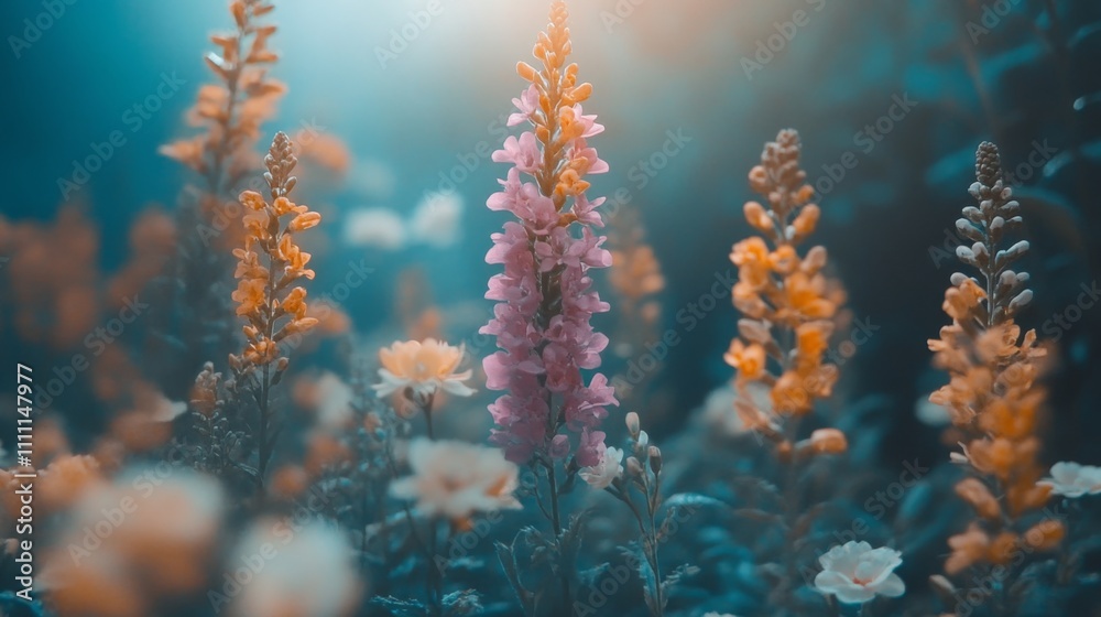 Fototapeta premium Pink and Orange Flowers in a Field with a Teal Background