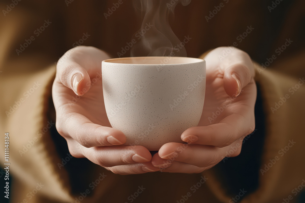Warm beverage in cozy cup held in hands with steam rising, creating comforting atmosphere. Perfect for relaxation and enjoyment Warm beverage in cozy cup held in hands with steam rising, creating comforting atmosphere. Perfect for relaxation and enjoyment