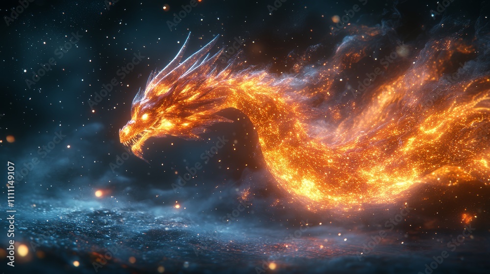 Fiery dragon, sparkling, dark background. Fiery dragon, sparkling, dark background.
