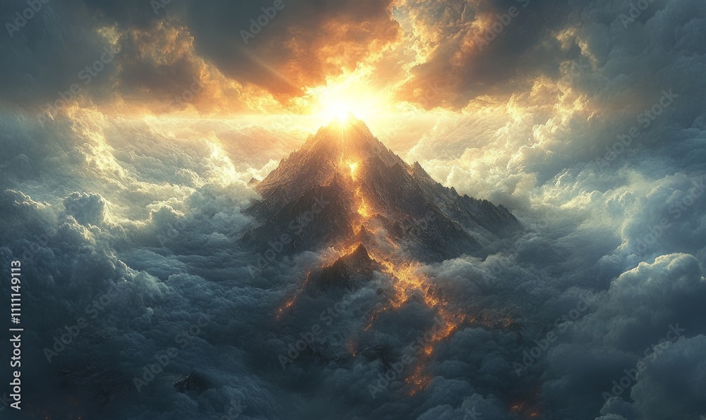 A dramatic mountain peak surrounded by swirling clouds, with rays of sunlight piercing through, creating a powerful and awe-inspiring scene A dramatic mountain peak surrounded by swirling clouds, with rays of sunlight piercing through, creating a powerful and awe-inspiring scene