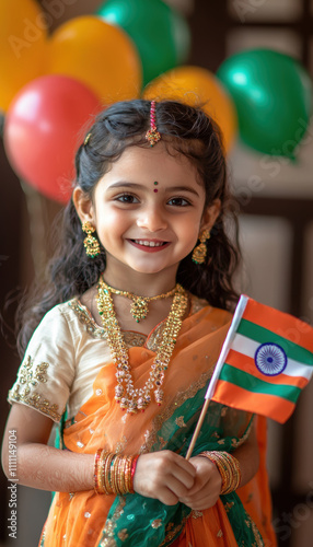 Joyful Indian Girl Celebrating Independence Day with Flag and Traditional Attire photo