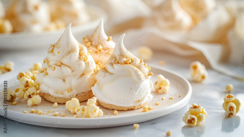 Corn Husk Meringue with Sweet Corn Ice Cream and Caramel Popcorn, Modern Mexican Photography Corn Husk Meringue with Sweet Corn Ice Cream and Caramel Popcorn, Modern Mexican Photography