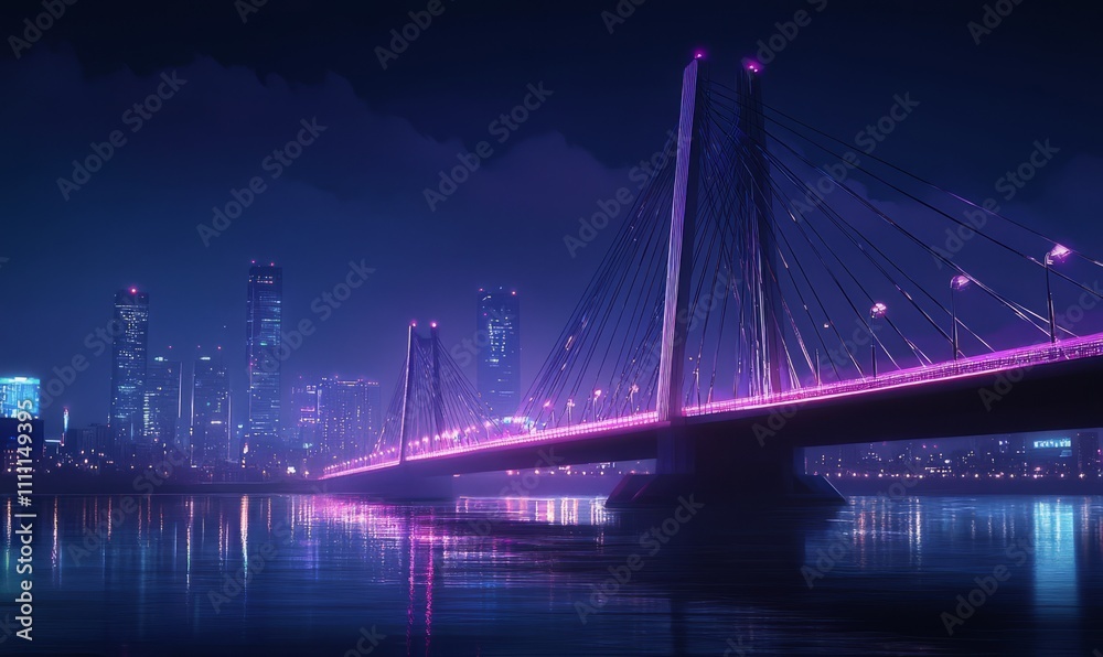 Obraz premium A beautifully illuminated cable-stayed bridge stretches across a river at night, with the city skyline in the background.