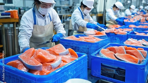 Busy workers pack frozen salmon fillets in Vietnam's factory