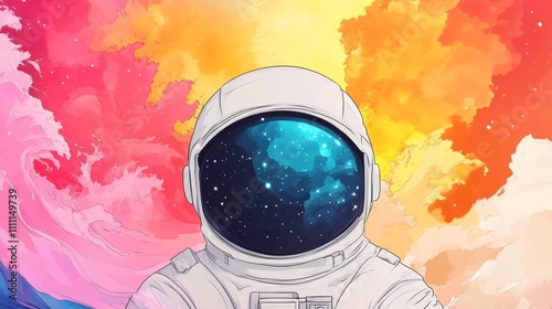 Astronaut's helmet reflects a vibrant nebula, a colorful cosmic dreamscape. photo