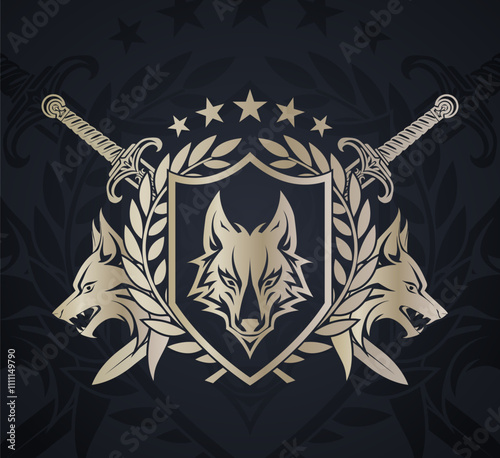wolf head shiny metal heraldry logo with shield laurel wreath swords and stars