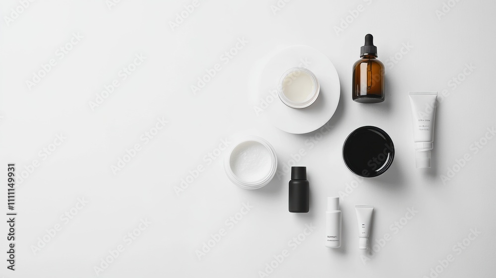Various skin care products like jars, tubes, oils, and serums are arranged on a white background, allowing space for custom text addition. Generative AI