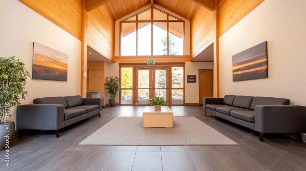Modern waiting room with two sofas, a coffee table, and large windows showcasing nature's beauty. Serene atmosphere. Modern waiting room with two sofas, a coffee table, and large windows showcasing nature's beauty. Serene atmosphere.