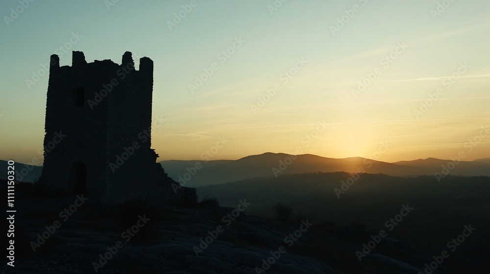 A silhouette of a ruined tower against a sunset backdrop in a mountainous landscape.