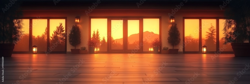 Fototapeta premium Warm sunset hues illuminate a modern home's patio, creating a serene and inviting atmosphere.