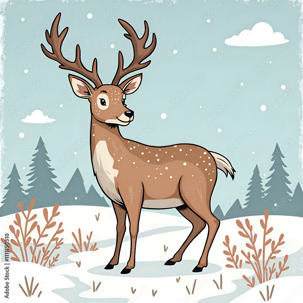 Charming deer in a snowy landscape with evergreen trees and gentle sky, digital art of nature illustration concept. Charming deer in a snowy landscape with evergreen trees and gentle sky, digital art of nature illustration concept.