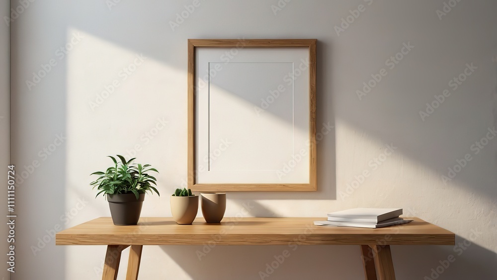 A simple, elegant wooden picture blank white frame sits on a white desk against a plain white wall, illuminated by bright natural daylight. 8k image A simple, elegant wooden picture blank white frame sits on a white desk against a plain white wall, illuminated by bright natural daylight. 8k image